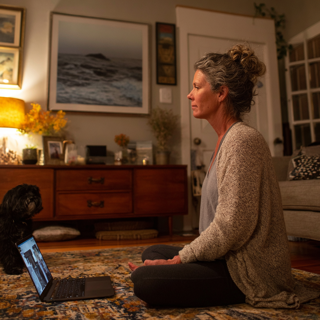 Жінка віком 52 років займається йогою вдома перед ноутбуком, підключившись до онлайн-заняття heltovarn в зручній домашній обстановці