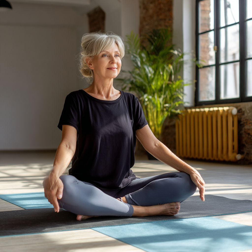 Жінка віком 55 років виконує прості асани йоги на килимку в світлій студії, демонструючи правильну техніку для початківців